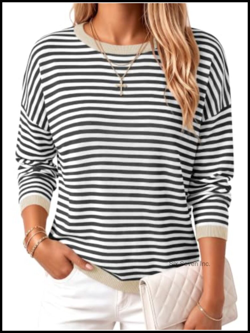 Striped Sweater Crewneck Long Sleeve Pullover Loose Fit Casual Knit Top - Picture 1 of 6